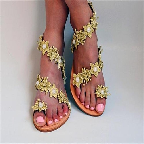 

Women's Sandals Flat Heel Round Toe Polyester Imitation Pearl Solid Colored Gold