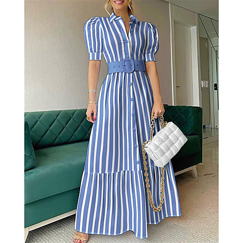 

Women's Swing Dress Maxi long Dress Blue White Short Sleeve Striped Solid Color Fall Summer Shirt Collar Casual Holiday 2021 S M L XL