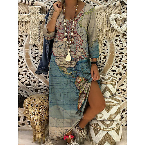 

Women's Shift Dress Maxi long Dress Light Blue Blue khaki 3/4 Length Sleeve Abstract Map Print Fall Spring V Neck Casual Boho Loose 2021 S M L XL XXL XXXL