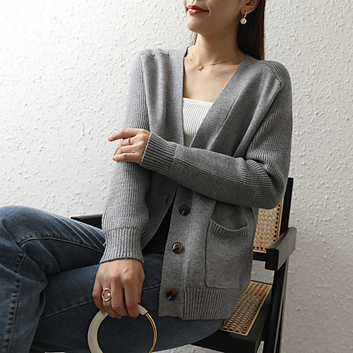

Women's Casual Pocket Solid Color Cardigan Long Sleeve Sweater Cardigans V Neck Fall Winter Gray Camel