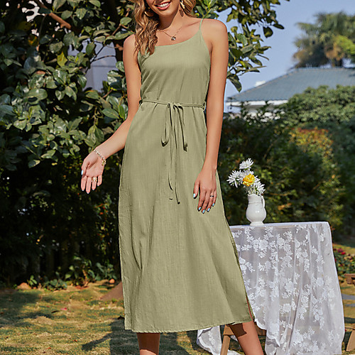 

Women's Strap Dress Midi Dress Army Green Sleeveless Solid Color Summer Cosplay 2021 S M L XL / Cotton / Cotton