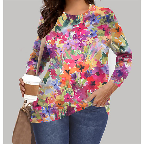 

Women's Plus Size Tops Pullover Sweatshirt Floral Graphic Print Long Sleeve Crewneck Basic Fall Spring Rainbow Big Size XL XXL 3XL 4XL 5XL