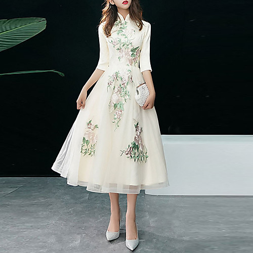 

A-Line Elegant Floral Party Wear Cocktail Party Dress Stand Collar Half Sleeve Tea Length Tulle with Appliques 2021