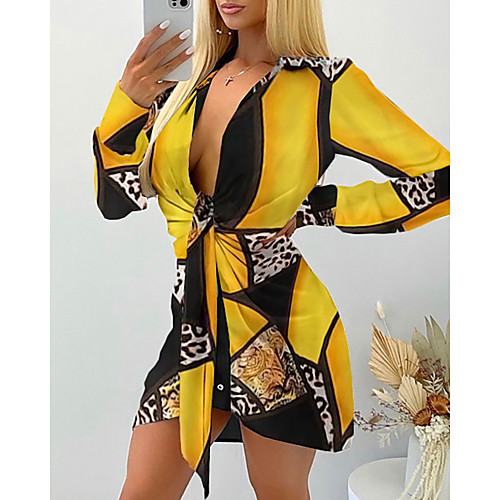 

Women's A Line Dress Knee Length Dress Photo Color Yellow Black Long Sleeve Print Spring Summer Casual 2021 S M L XL XXL