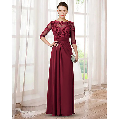 

Sheath / Column Mother of the Bride Dress Elegant Jewel Neck Floor Length Chiffon Lace Half Sleeve with Appliques Ruching 2021