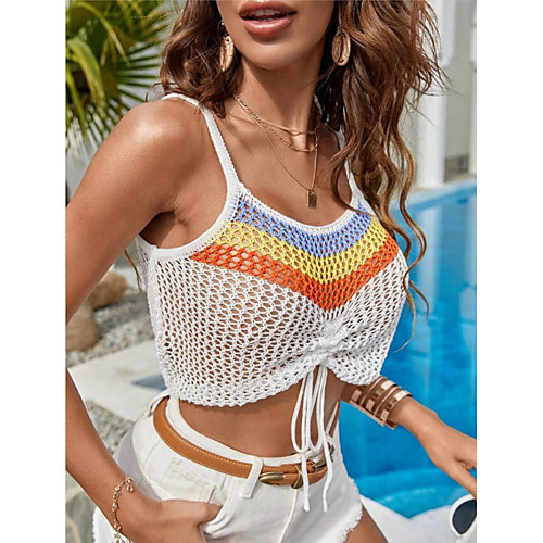 

Women's Stripes Solid Color Vest Sleeveless Sweater Cardigans U Neck White