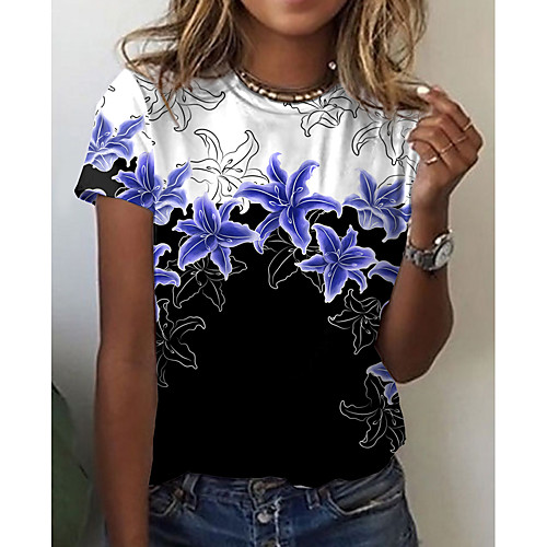 

Women's Floral Theme Painting T shirt Floral Color Block Print Round Neck Basic Tops Blue Purple Green