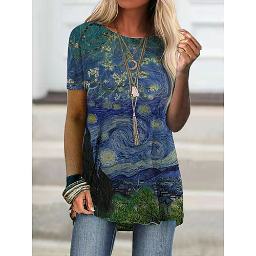 

Women's T shirt Graphic Print Round Neck Tops Basic Basic Top Blue Green