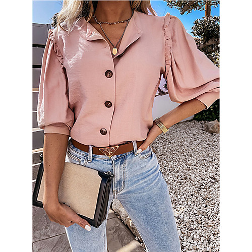 

Women's Blouse Shirt Plain Long Sleeve Lettuce Trim Button Shirt Collar Basic Streetwear Tops White Blushing Pink Khaki