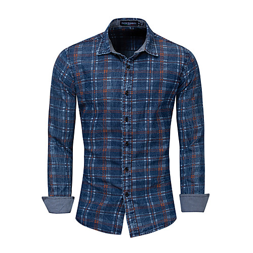 

Men's Shirt Plaid Button-Down Long Sleeve Street Tops Cotton Casual Breathable Comfortable Navy Blue Gray