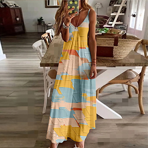 

Women's Strap Dress Maxi long Dress Blue Yellow White Red Beige Sleeveless Print Color Block Abstract Print Summer V Neck Casual 2021 XS S M L XL XXL 3XL 4XL 5XL 6XL