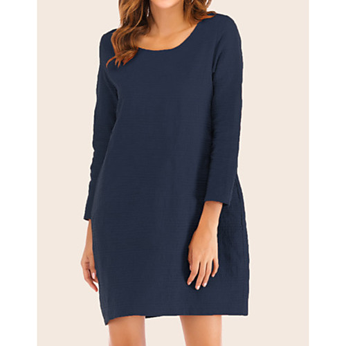 

Women's Shift Dress Knee Length Dress Blue Brown Long Sleeve Solid Color Summer Round Neck Casual XL XXL / Plus Size / Plus Size