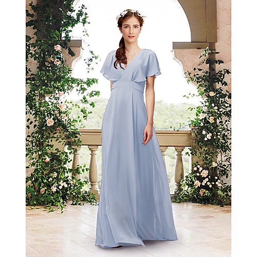 

A-Line V Neck Floor Length Chiffon Bridesmaid Dress with Bow(s) / Pleats / Ruffles