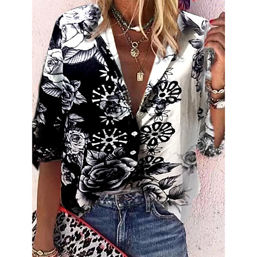 

Women's Bohemian Theme Blouse Shirt Floral Print Shirt Collar Tops Black