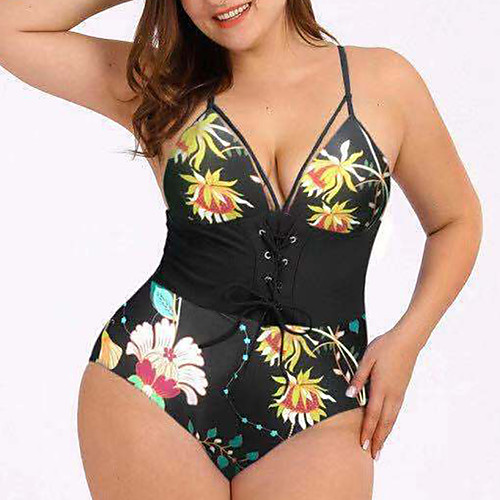 

Women's One Piece Tankini Swimsuit Slim Floral Green leaf Black print Yellow color bar Black Plus Size Swimwear Bathing Suits New / Padded Bras / Beach