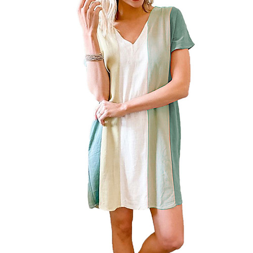 

Women's T Shirt Dress Tee Dress Short Mini Dress Blushing Pink Light Green Short Sleeve Color Block Summer V Neck Casual Loose 2021 S M L XL