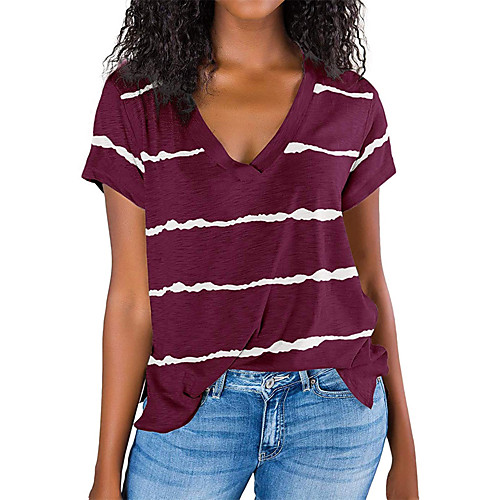 

Women's T shirt Striped Graphic Print V Neck Basic Tops Fuchsia Gray Black