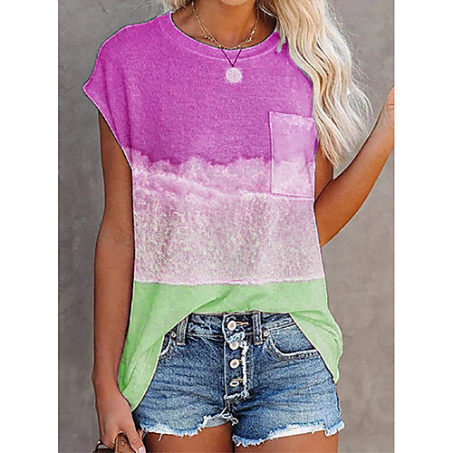 

Women's Painting T shirt Color Block Tie Dye Pocket Print Round Neck Basic Tops Blue Purple Yellow