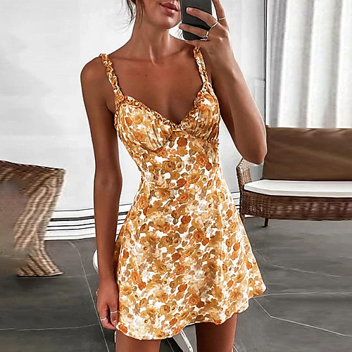 

Women's Strap Dress Knee Length Dress Gold Sleeveless Floral Summer cold shoulder Casual Sexy 2021 S M L XL