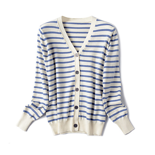 

Women's Stripes Cardigan Long Sleeve Sweater Cardigans V Neck White Black Sky Blue