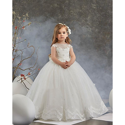 

Princess Floor Length Flower Girl Dresses Party Tulle Sleeveless Jewel Neck with Appliques