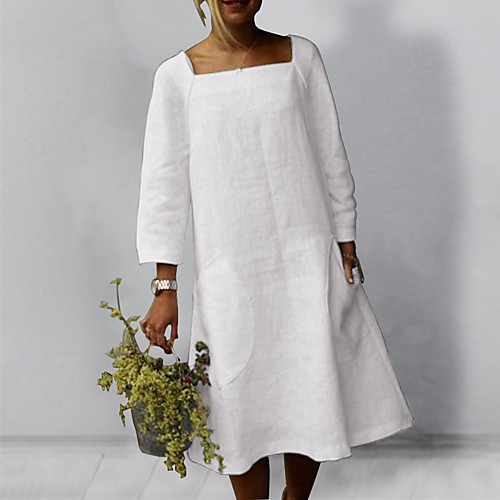 

Women's A Line Dress Knee Length Dress Blue White Black Long Sleeve Solid Color Spring Summer Casual 2021 M L XL XXL 3XL / Cotton / Cotton