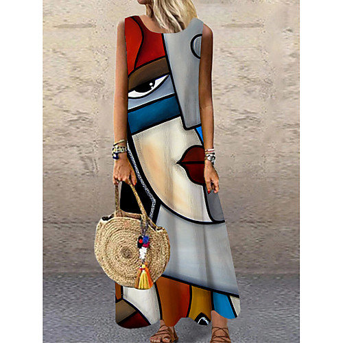 

Women's Shift Dress Maxi long Dress Rainbow Sleeveless Color Block Abstract Print Fall Summer Round Neck Casual Holiday 2021 S M L XL XXL 3XL