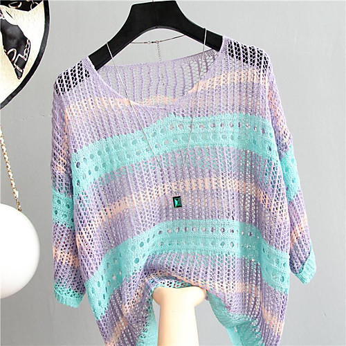 

Women's Multi Color Stripes Pullover Long Sleeve Sweater Cardigans V Neck Purple Green Orange