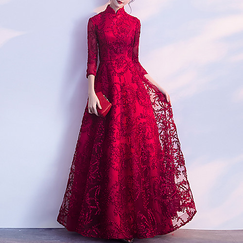 

A-Line Chinese Style Vintage Prom Formal Evening Dress Stand Collar 3/4 Length Sleeve Floor Length Tulle with Pleats Appliques 2021