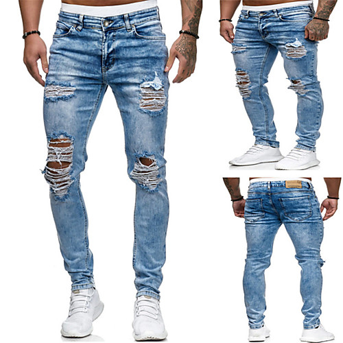 

Men's Stylish Sporty Casual / Sporty Streetwear Comfort Daily Sports Pants Jeans Trousers Pants Solid Color Full Length Light Blue