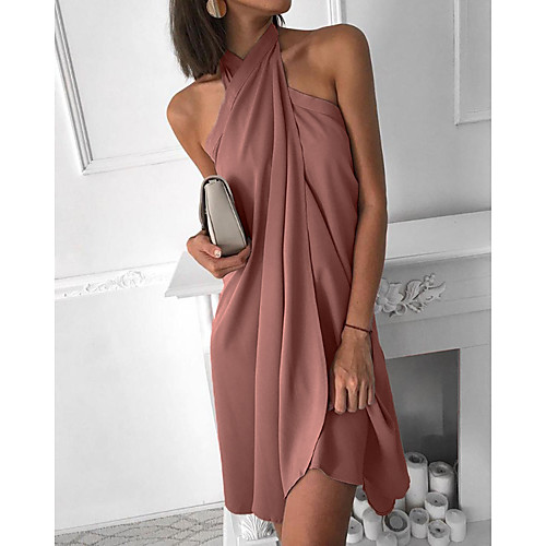 

Women's Shift Dress Short Mini Dress Blue Fuchsia Khaki Dusty Blue Orange Black Red Light Blue Sleeveless Solid Color Ruched Patchwork Spring Summer Halter Neck Elegant Casual Sexy Party vacation