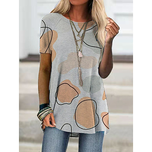 

Women's T shirt Graphic Color Block Print Round Neck Tops Basic Basic Top Blue Gray