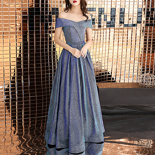 

A-Line Sparkle Elegant Engagement Formal Evening Dress Off Shoulder Short Sleeve Floor Length Sequined with Sash / Ribbon 2021