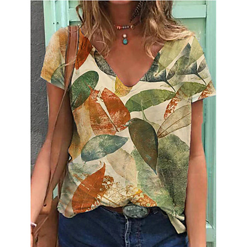 

Women's T shirt Leaf Round Neck Basic Tops Rainbow