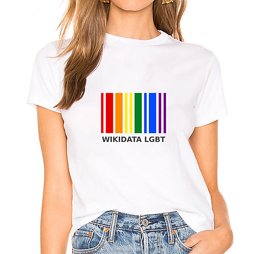 

Women's Painting T shirt Rainbow Striped Letter Print Round Neck Basic LGBT Pride Tops White Black