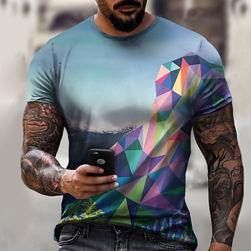 

Men's Tee T shirt Shirt 3D Print Graphic Scenery Geometric Plus Size Short Sleeve Casual Tops Basic Designer Slim Fit Big and Tall Blue Green Light Blue