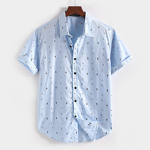 

Men's Shirt Graphic Button-Down Short Sleeve Casual Tops 100% Cotton Lightweight Casual Fashion Breathable Blue