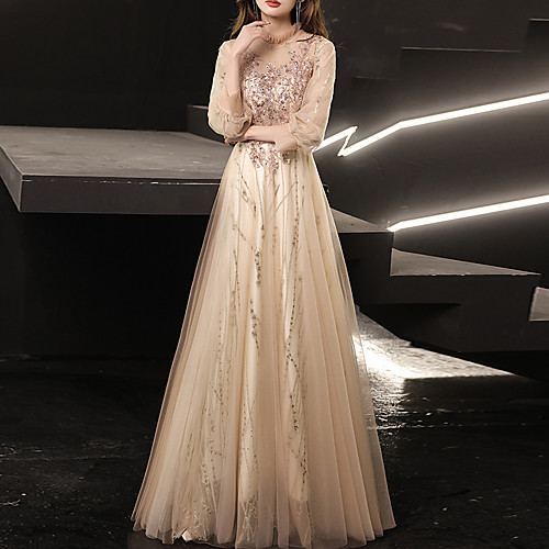 

A-Line Glittering Floral Prom Formal Evening Dress High Neck Long Sleeve Floor Length Tulle with Beading Appliques 2021 / Illusion Sleeve