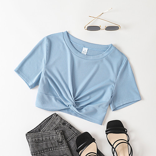 

LITB Basic Women's Crop T-Shirt Round Neck Tops Basic Solid Color Tee