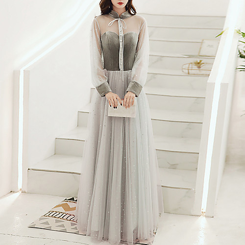 

A-Line Glittering Vintage Wedding Guest Formal Evening Dress Stand Collar Long Sleeve Floor Length Tulle Velvet with Sequin 2021