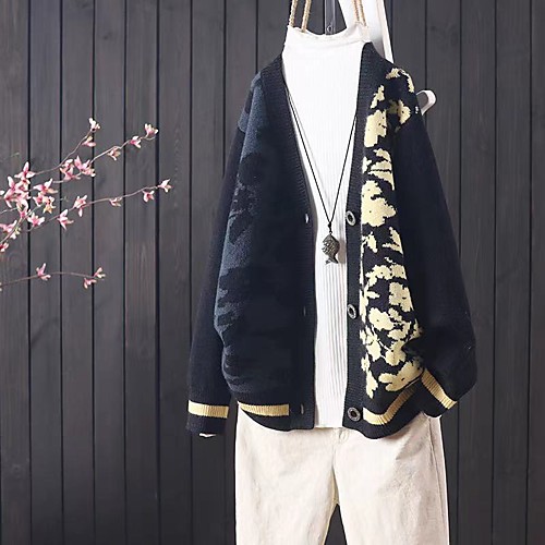 

Women's Pattern Cardigan Cotton Long Sleeve Sweater Cardigans V Neck Black Navy Blue Beige