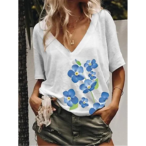 

Women's T shirt Floral Print V Neck Basic Tops Cotton White