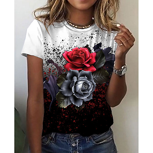 

Women's Floral Theme Abstract Painting T shirt Floral Color Block Print Round Neck Basic Tops Black