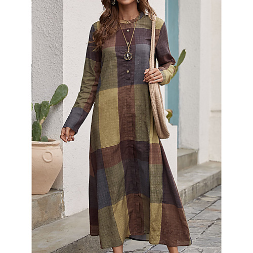 

Women's Swing Dress Maxi long Dress Brown Long Sleeve Plaid / Check Spring Summer Casual Loose 2021 S M L XL 2XL