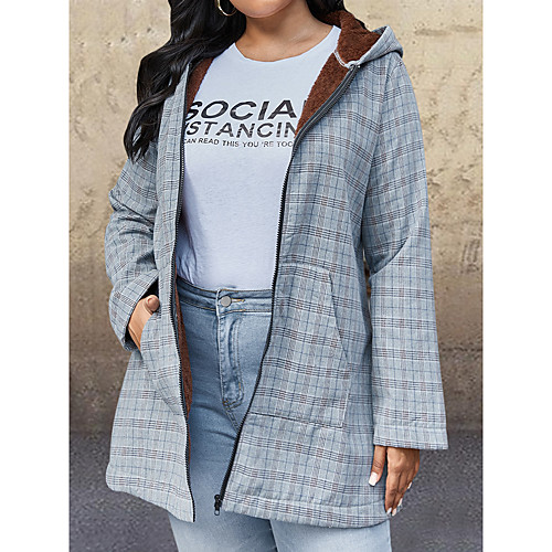 

Women's Plus Size Coat Zipper Pocket Plaid Long Hooded Daily Wear Fall Winter Gray Big Size XL 2XL 3XL 4XL 5XL