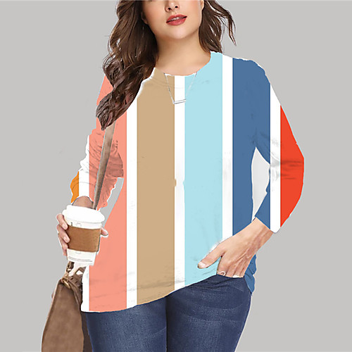 

Women's Plus Size Tops Pullover Sweatshirt Graphic Geometry Print Long Sleeve Crewneck Basic Purple Rainbow Big Size XL XXL 3XL 4XL 5XL