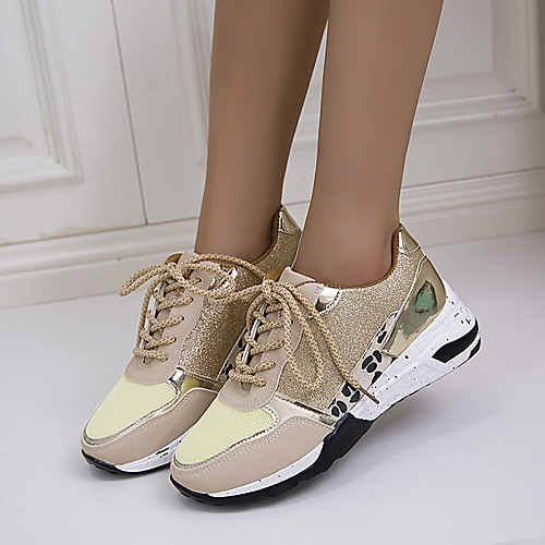 

Women's Trainers Athletic Shoes Wedge Heel Round Toe Daily Outdoor PU Lace-up Check Gray Beige