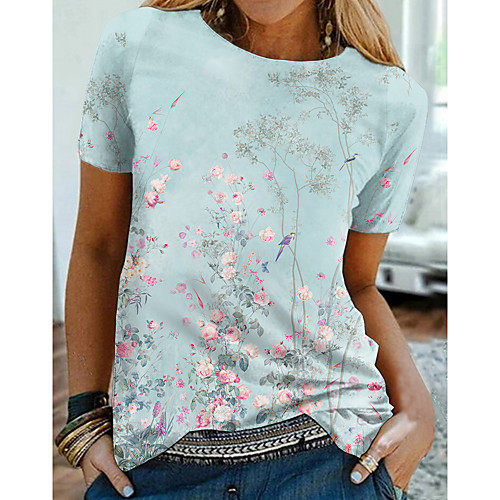 

Women's Floral Theme Painting T shirt Floral Graphic Print Round Neck Basic Tops Blue