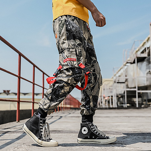 

Men's Stylish Sporty Casual / Sporty Streetwear Comfort Daily Sports Jogger Pants Jeans Tactical Cargo Trousers Pants Camouflage Full Length Drawstring Pocket Elastic Drawstring Design Print Black