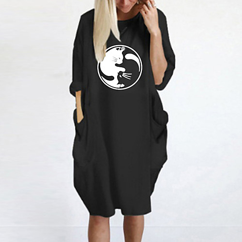 

Women's T Shirt Dress Tee Dress Knee Length Dress Blue Yellow Fuchsia Gray Green White Black Long Sleeve Cat Spring Summer Round Neck Casual Oversized 2021 S M L XL XXL 3XL 4XL 5XL
